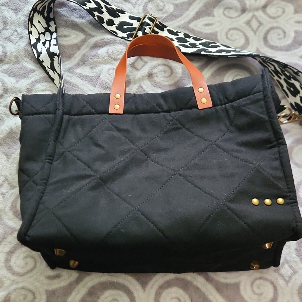 PS black cotton quilted tote with black and white animal prints shoulder strap